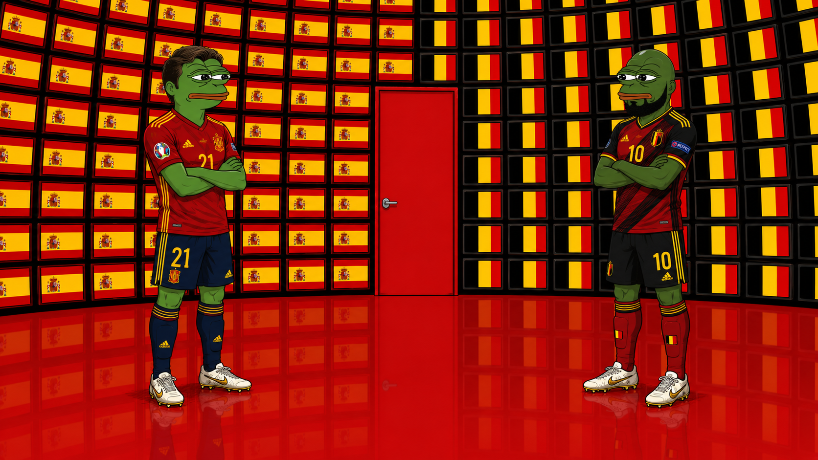 Illustrated Spain and Belgium football players in a meme control room